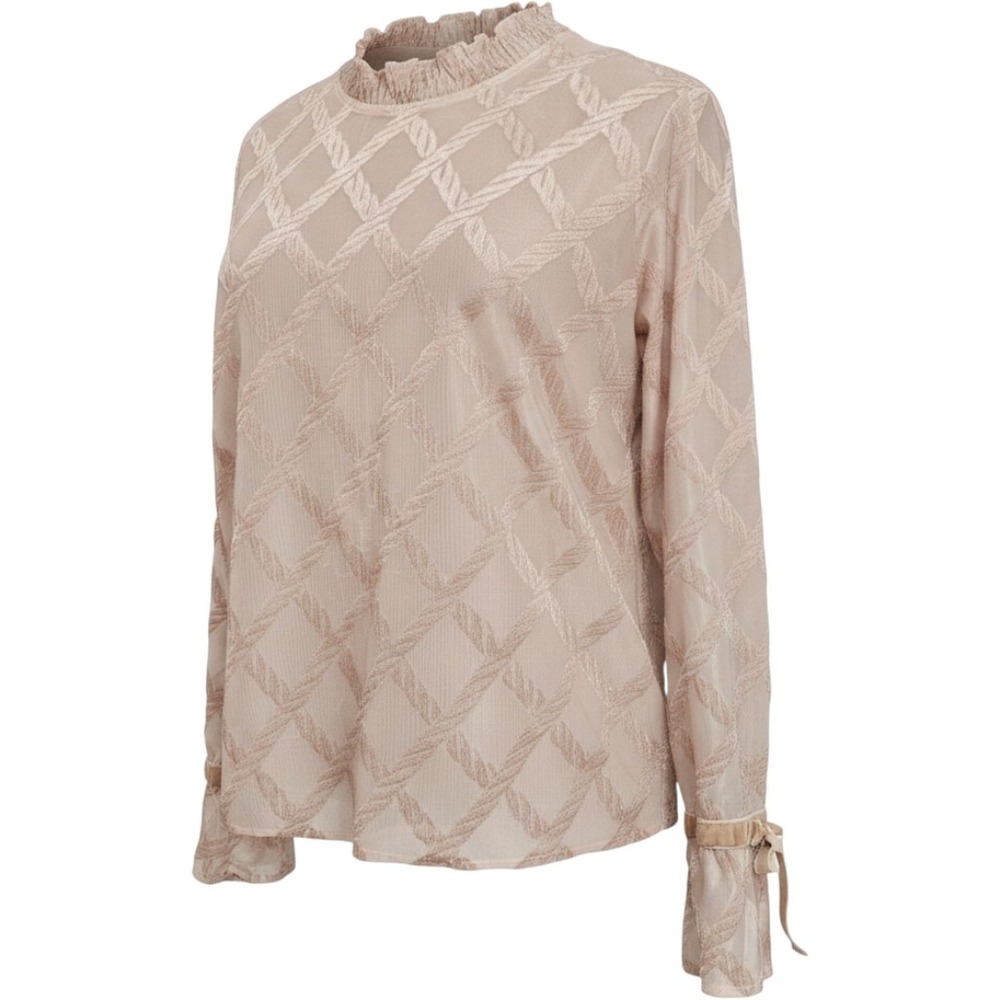 Molly Bracken Blush Pink Ruffle Mock Neck Diamond Mesh Blouse Large Cottagecore